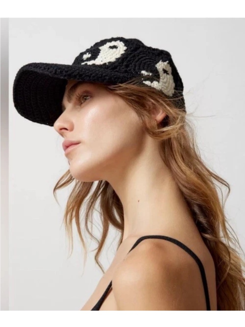 Urban Outfitters Yin Yang Crocheted Baseball Cap Black + White $34